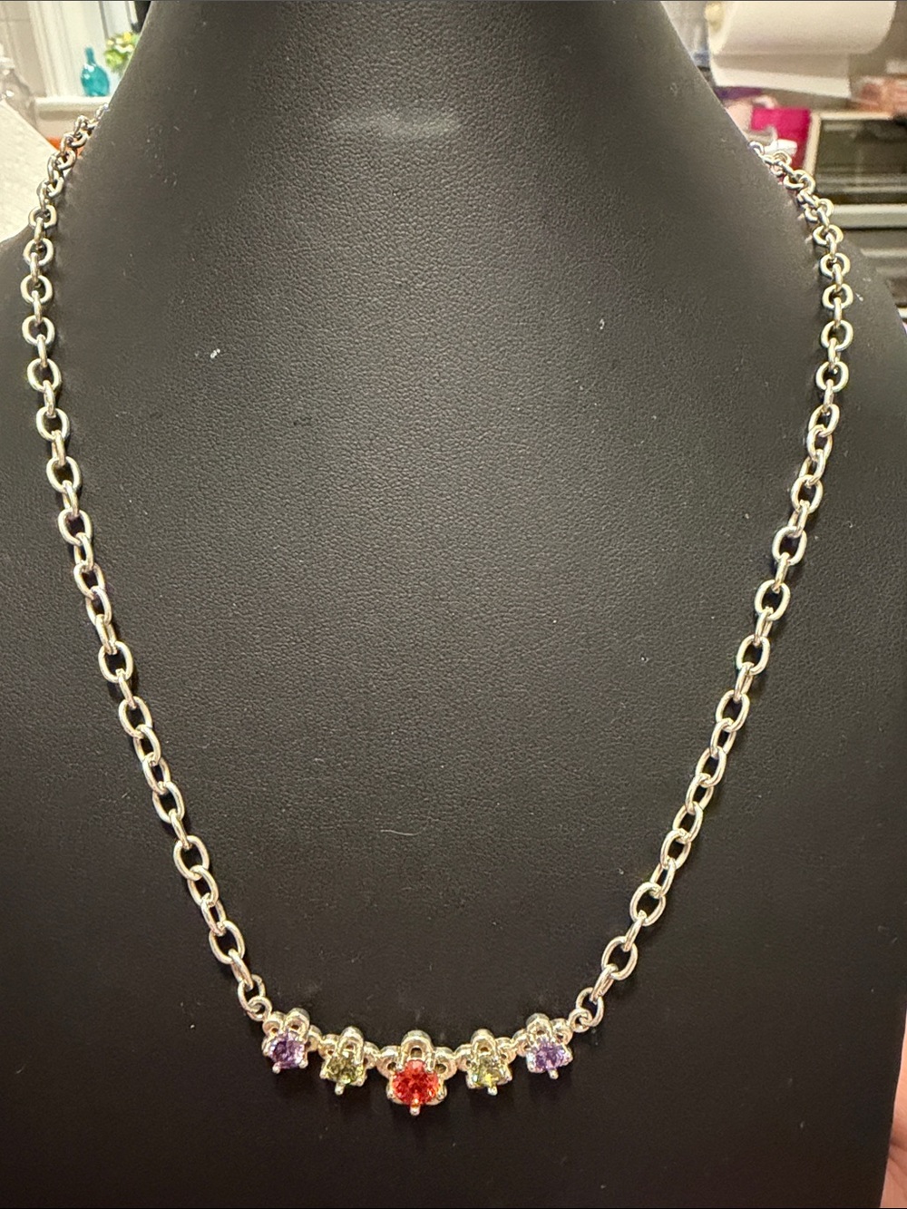 Silver signed clasp 925 Multicolor glass Crystal flower Necklace 18”-20”